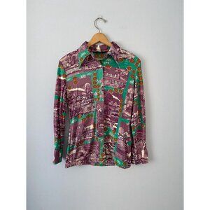 Vintage Russ Togs Novelty Print Blouse, Size Small/X Small, 1970s Button Up Nove